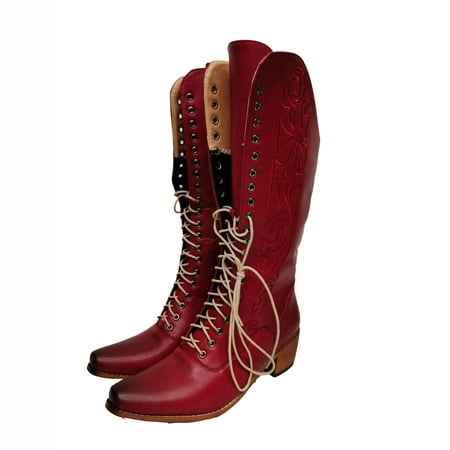 

Egmy Large Size Thick Heel Solid Color Stitched Square Toe Front Lace-Up High Boots Red 7.5(40)