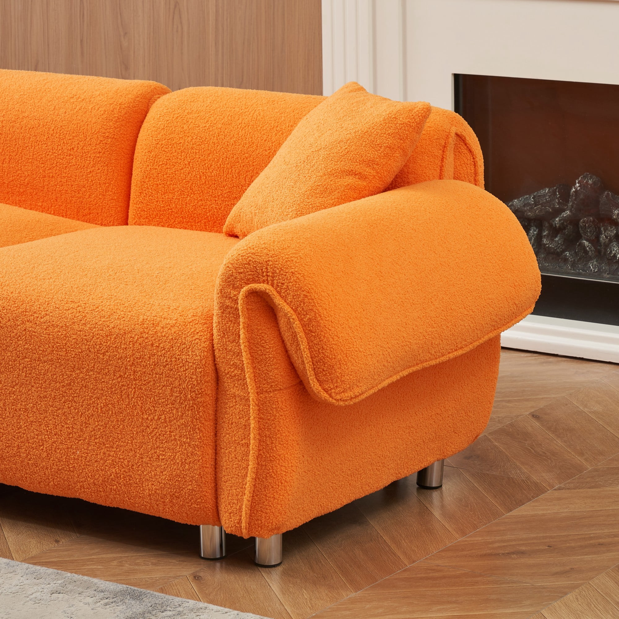 Sectional Sofa,3 Seat Sofa Couch Set with 3 Throw Pillows,112 inch Sofa Couch with Teddy Velvet Fabric for Living Room,Apartment,Orange