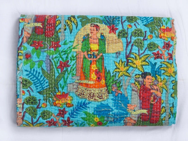 Frida Kahlo Printed Indian Handmade Kantha Quilt Bedspread Vintage Reversible Throw Gudri Bohemian Quilt Blanket Unique Look Queen Bedding