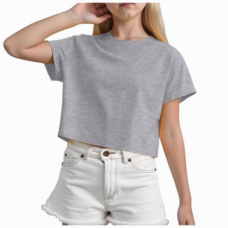 Kogui Girls Summer Clothes Girls Summer Short Sleeve Shirts Casual Cute Crew Neck Blouses Tops Size 7-8 (Grey 7-8 Years)