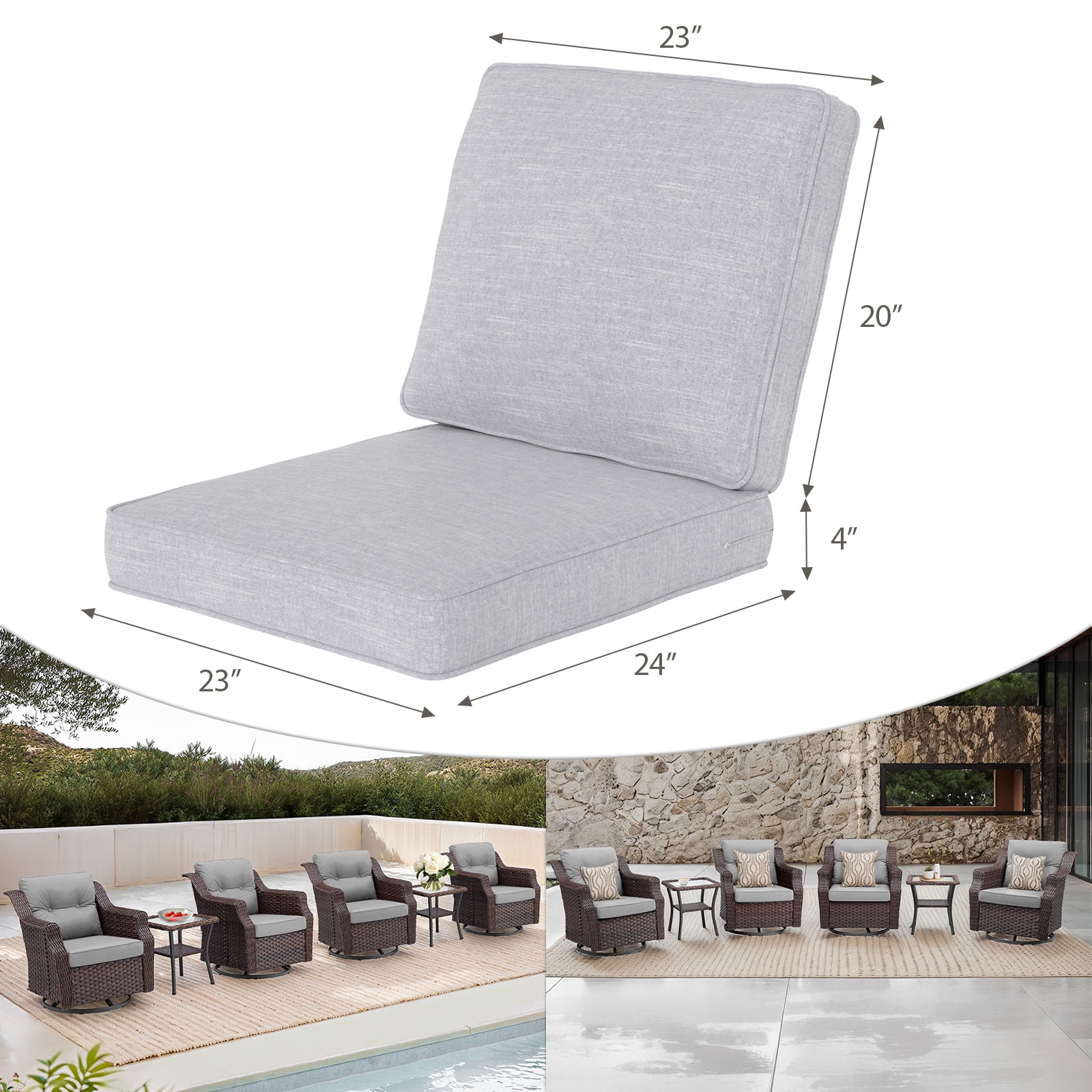 Yeahumalia 2 Packs Outdoor Patio Chair Deep Seat Cushions 23'' x 24'' with Removable Cover, Water and Fade Resistant, Light Grey