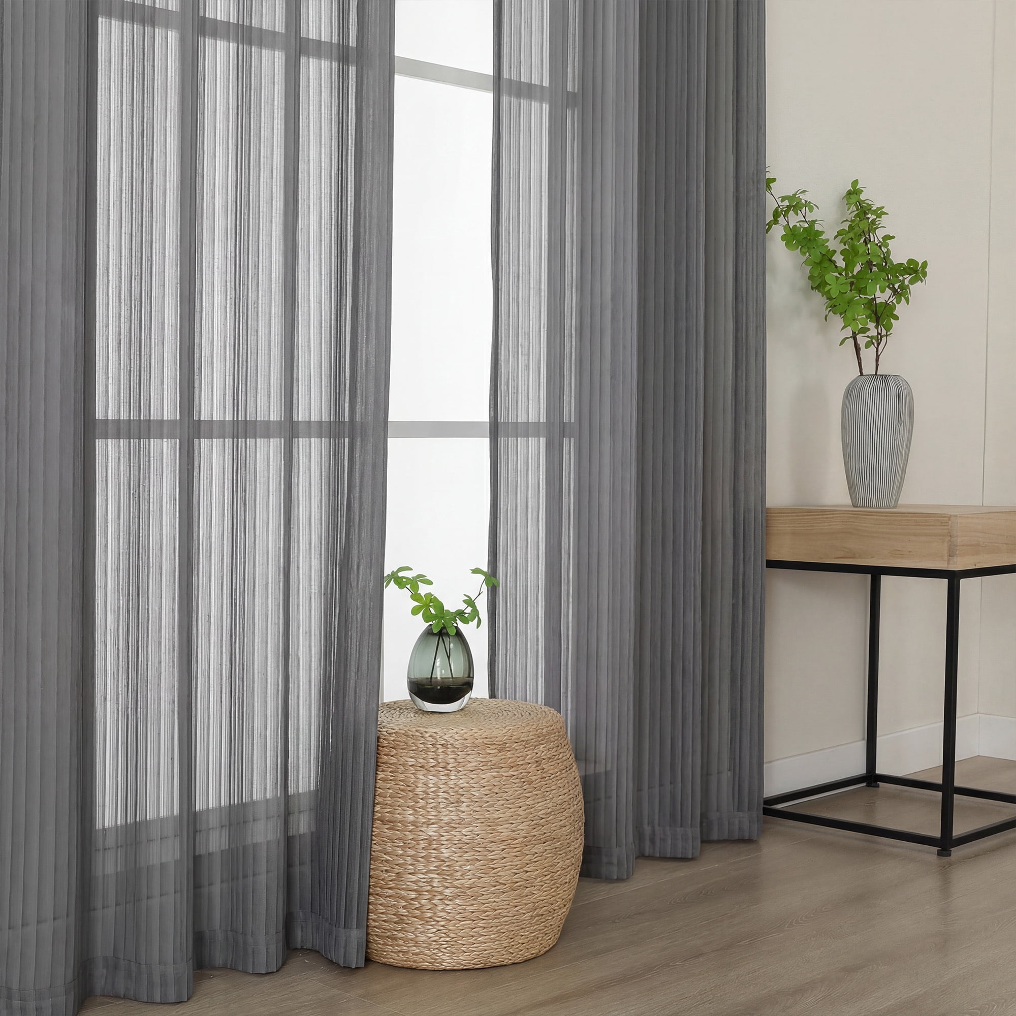 OVZME Luna 108" Charcoal Striped Sheer Curtains 2 Panels - Extra Long Floor Length Drapes for High Ceilings Living Room Patio Doors, Light Filtering Modern Textured, 52"W x 108"L Each