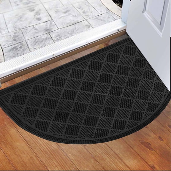 Premium Outdoor Half Round Door Mat 24x16 - Drew Checkerboard Design - Durable Rubber Outdoor Rug - PVC Non-Slip Backing - Black - Best for Pet Owners And Homeowners