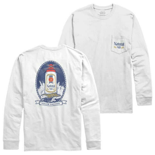 Natural Light Beer Lighthouse Design Long Sleeve Men's White Chest Pocket Shirt-XLarge -