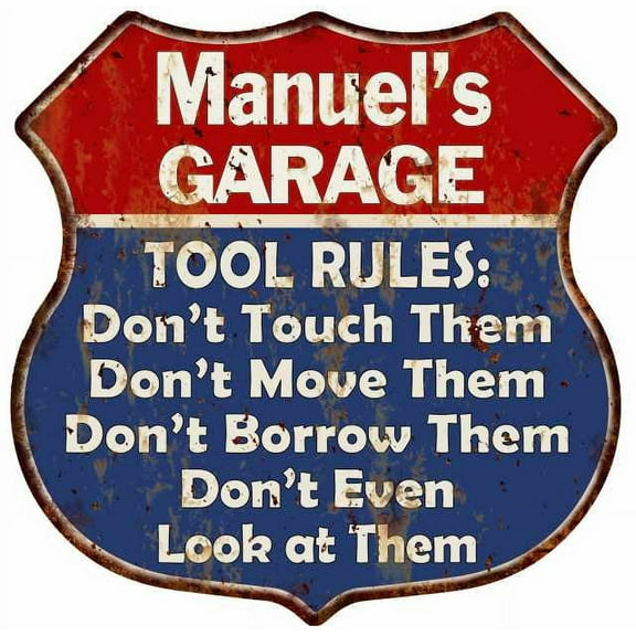 Manuel's Garage Man Cave Rules Sign Shield Metal Gift 211110001321