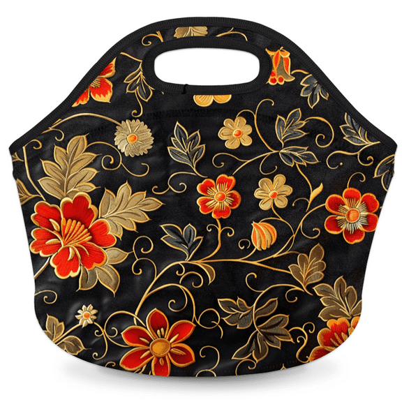 Herdesigns Gold Red Flowers Neoprene Lunch Bag, Retro Floral Insulated Lunch Box for Women Men Washable Lunch Tote Soft Lunch Container With Zipper for Work Picnic Travel