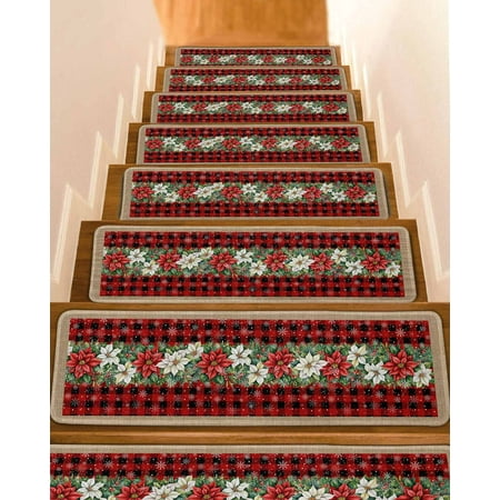 Christmas Poinsettia Stair Treads for Wooden Steps Indoor Runner Rug Carpet Xmas Botanical Red Plaid 15 Pieces Peel and Stick Staircase Step Treads Covers Washable Throw Door Mats 30 x8