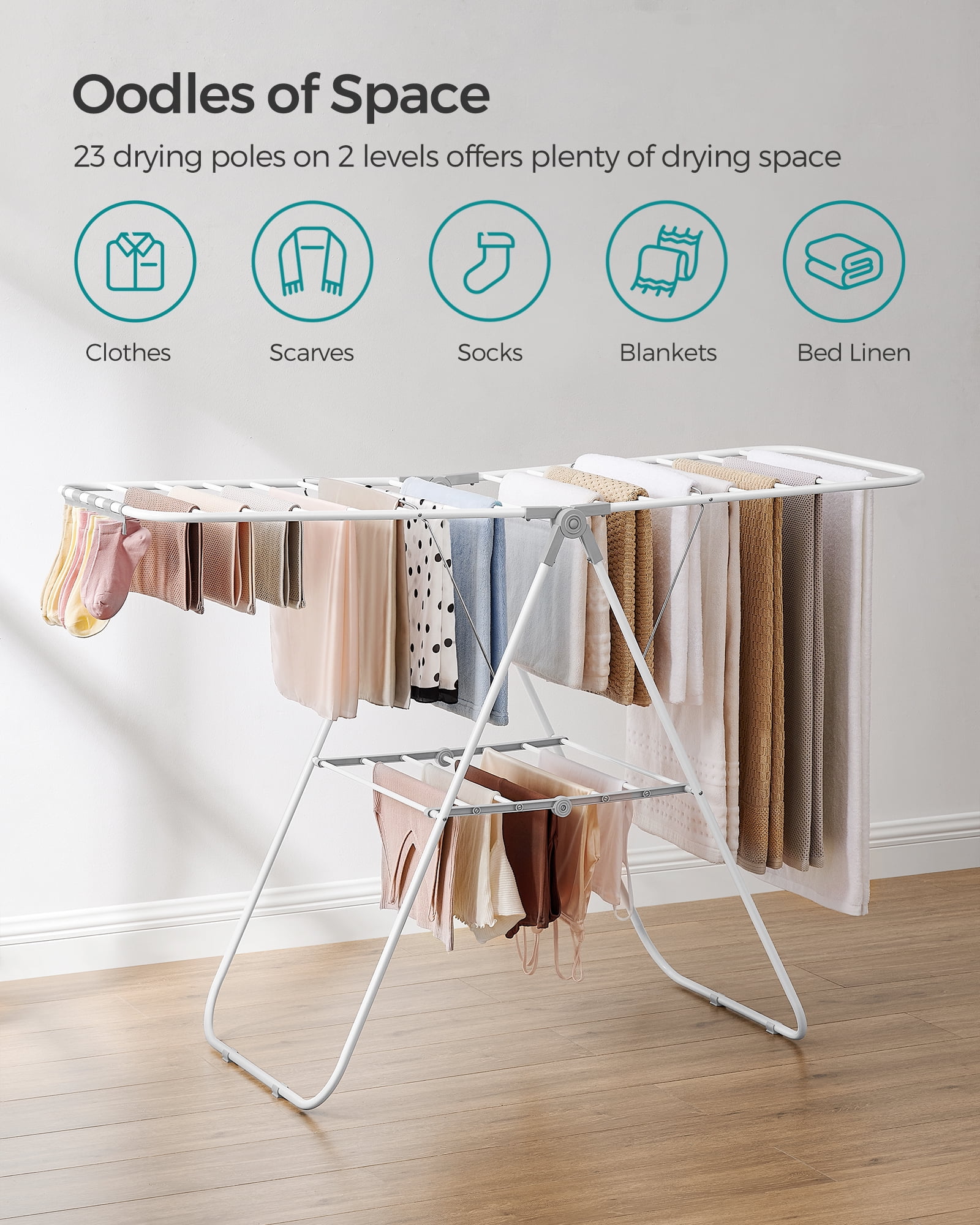 SONGMICS Foldable Clothes Drying Rack, Height Adjustable, 33 Rods