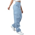 thumbnail image 2 of Cargo Pants for women Casual High Waist Elastic Straight Back Pockets Business Casual Pants Light Blue, 2 of 8