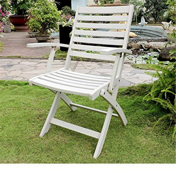 Acacia Folding Armchairs - Set of 2 - Patio Seating - Wide Seat - Antique White Finish - Sturdy Outdoor Chairs