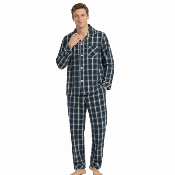 Vulcanodon Mens Pajama Set 100% Cotton, Long Sleeve Button Down PJ Set for Men Plaid Men's Sleepwear(Dark Blue-Plaid, L)