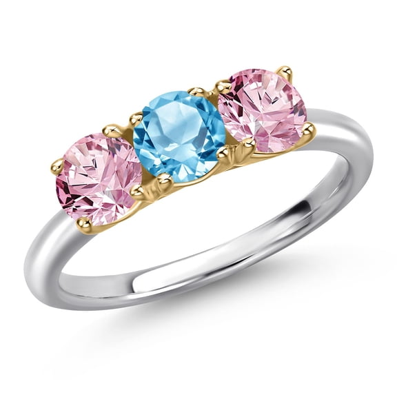 Gem Stone King 925 Silver and 10K Yellow Gold Swiss Blue Topaz and Pink Lab Grown Diamond Engagement Ring for Women | 1.65 Cttw | Round 5MM | Gemstone November Birthstone | Size 8
