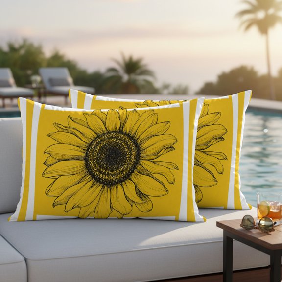 Golden Sunflower Outdoor Pillow Covers Pack of 2 Summer Vintage Black Floral Lines Minimalist Waterproof Throw Pillow Covers Decorative Cushion Cases for Patio Garden Tent Balcony Couch 20x12 inch