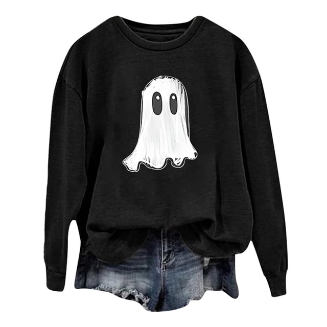 Arlun,Halloween Chandails en Molleton Citrouille 2025 Mode Automne Femmes Grande Taille Chandails à Lettres Imprimées Hauts Coupe Ample Confortable Col Rond Manches Longues Manteau Hauts Sans Capuche Noir2 S
