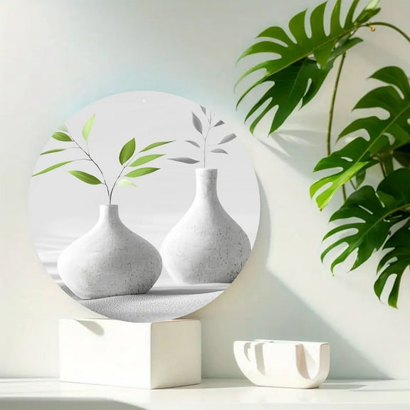 Round 8x8 Inch Green Plant Wall Art Vases Botanical Still Life Aluminum Wall Art Decor for Home, Porch, and Window