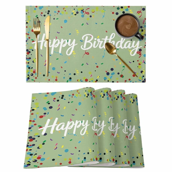 Happy Birthday Placemats Set of 4, Sage Green Modern Abstract Art Placemats for Dining Table, Place Mats for Kitchen Tabletop, Waterproof Wipeable Dining Table Mats Set