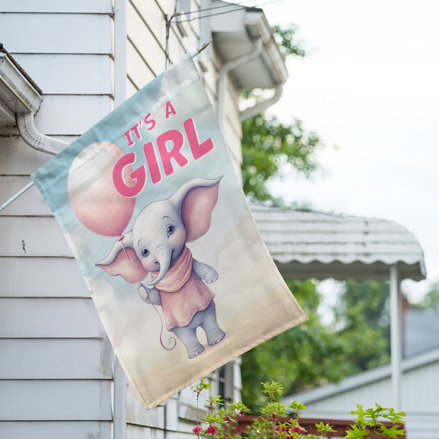 America Forever It's A Girl House Flag 28 x 40 inch Double Sided Elephant Balloons Baby Girl Flag for Baby Shower Birth Announcement Gender Reveal Newborn Baby Welcome Outdoor Yard Decoration