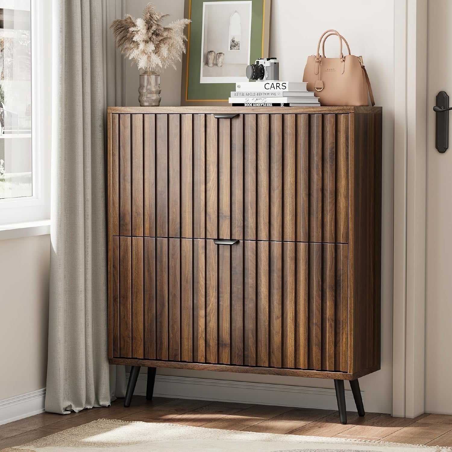 Smart FENDEE Shoe Cabinet with 2 Flip Drawers Freestanding Shoe Storage Cabinet for Entryway, 31.5 in, Walnut