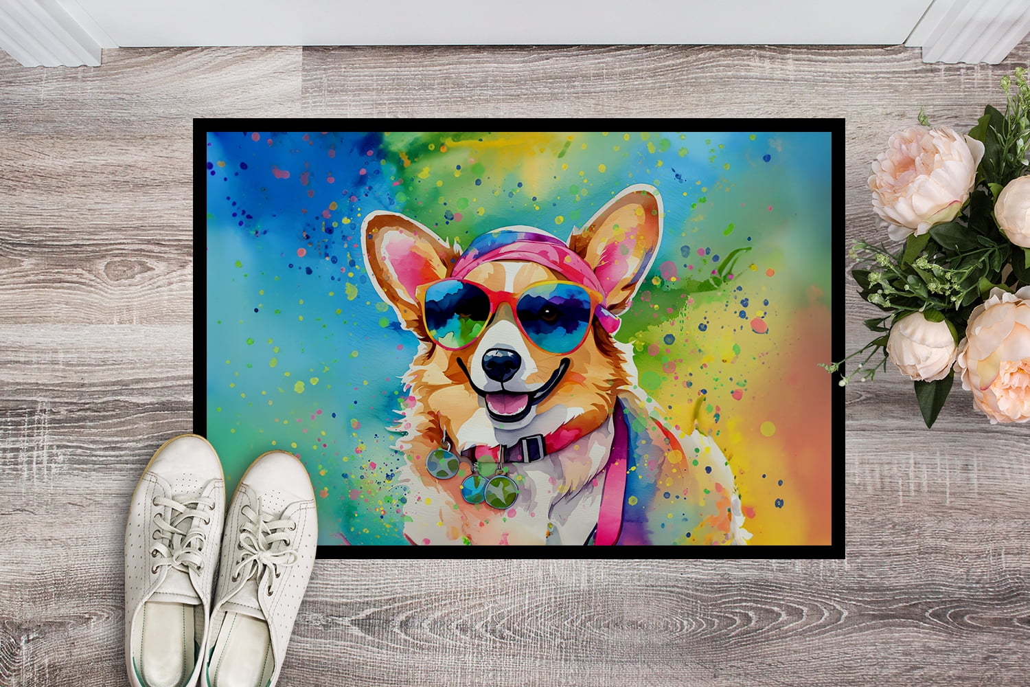 Carolines Treasures DAC2496JMAT 0.15 x 24 x 36 in. Corgi Hippie Dawg Indoor or Outdoor Mat