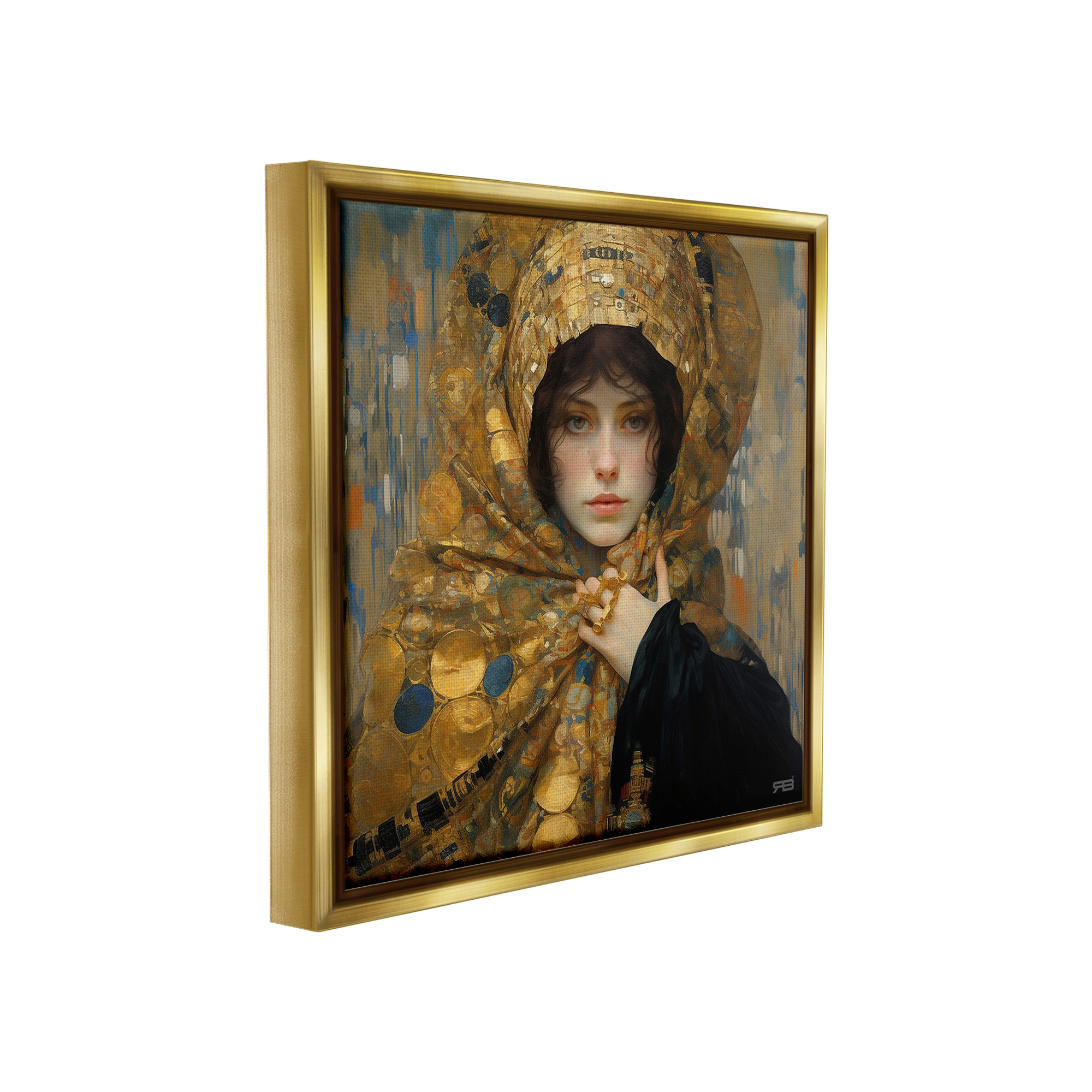 Stupell Industries Woman in Patterned Gold Abstract Painting Gold Floater Framed Canvas Art Print Wall Art, 18 x 18