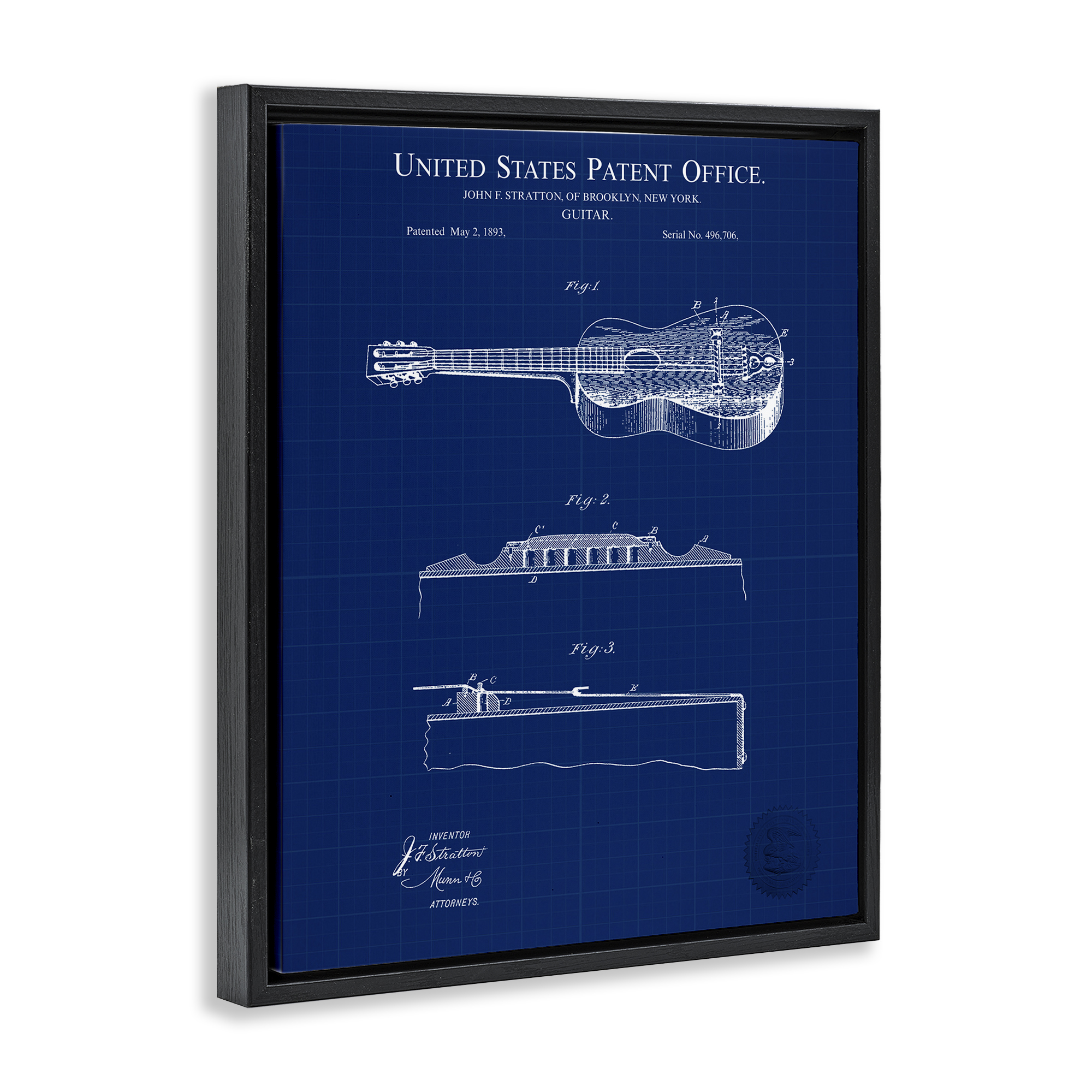 Stupell Industries Acoustic Guitar Blueprint Performing Arts Painting Black Floater Framed Art Print Wall Art, 17 x 21