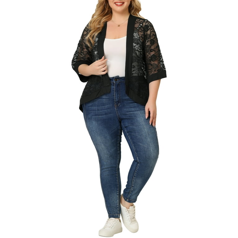 Unique Bargains Women's Plus Size Shrug Floral Lace Tie Neck