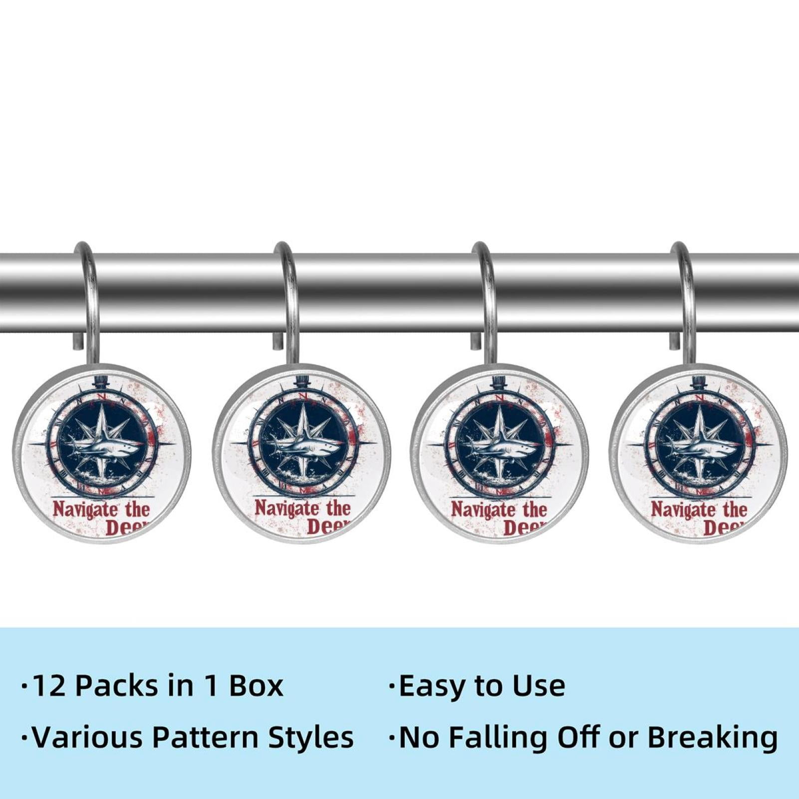 12pcs Decorative Shower Curtain Hooks, Rust Resistant Shower Rings for Bathroom Living Room,Rustproof Stainless Steel Rings for Shower Curtain and Liner Rods,Navigate the Deep Shark