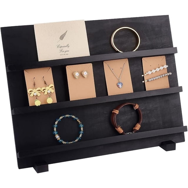 Exhibidor de madera de 3 niveles con soporte para aretes, exhibidor de pegatinas, elevador para joyería, vitrina desmontable con ranuras, tarjetero para aretes.