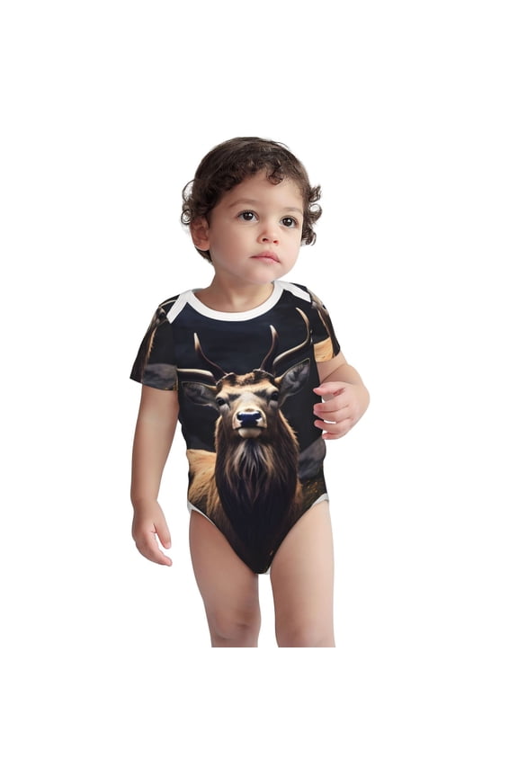 Regal Stag In Forest Pattern Unisex Baby Cotton Short Sleeve Bodysuits-18 Months