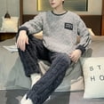 thumbnail image 2 of comerut 2 Pcs/Set Men Winter Pajamas Set Round Neck Long Sleeve Thick Twisted Texture Loose Elastic Waist Warm Soft Pockets Solid Color Men Homewear Top Pants Set, 2 of 7