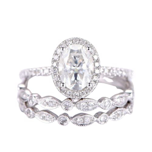HeartsAndYou Halo Trio Set Engagement Ring for Women 3ct Oval Cut Moissanite 18k White Gold Over Silver