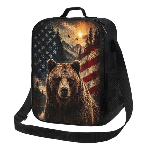 Patriotic Bear Lunch Bag Insulated Thermal Lunch Box with Shoulder Strap & Handle for Women and Men