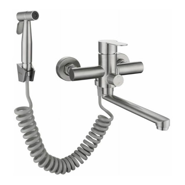 Grifo mezclador de cocina de pared, grifo de cocina para fregadero con pistola rociadora y 2 boquillas giratorias de 360°
