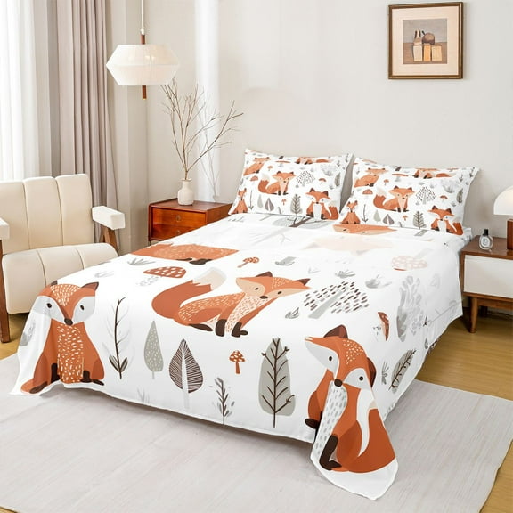 jejeloiu Cartoon Fox Twin Sheet Set,Rustic Plant White Orange,Luxury Decor,3-Piece