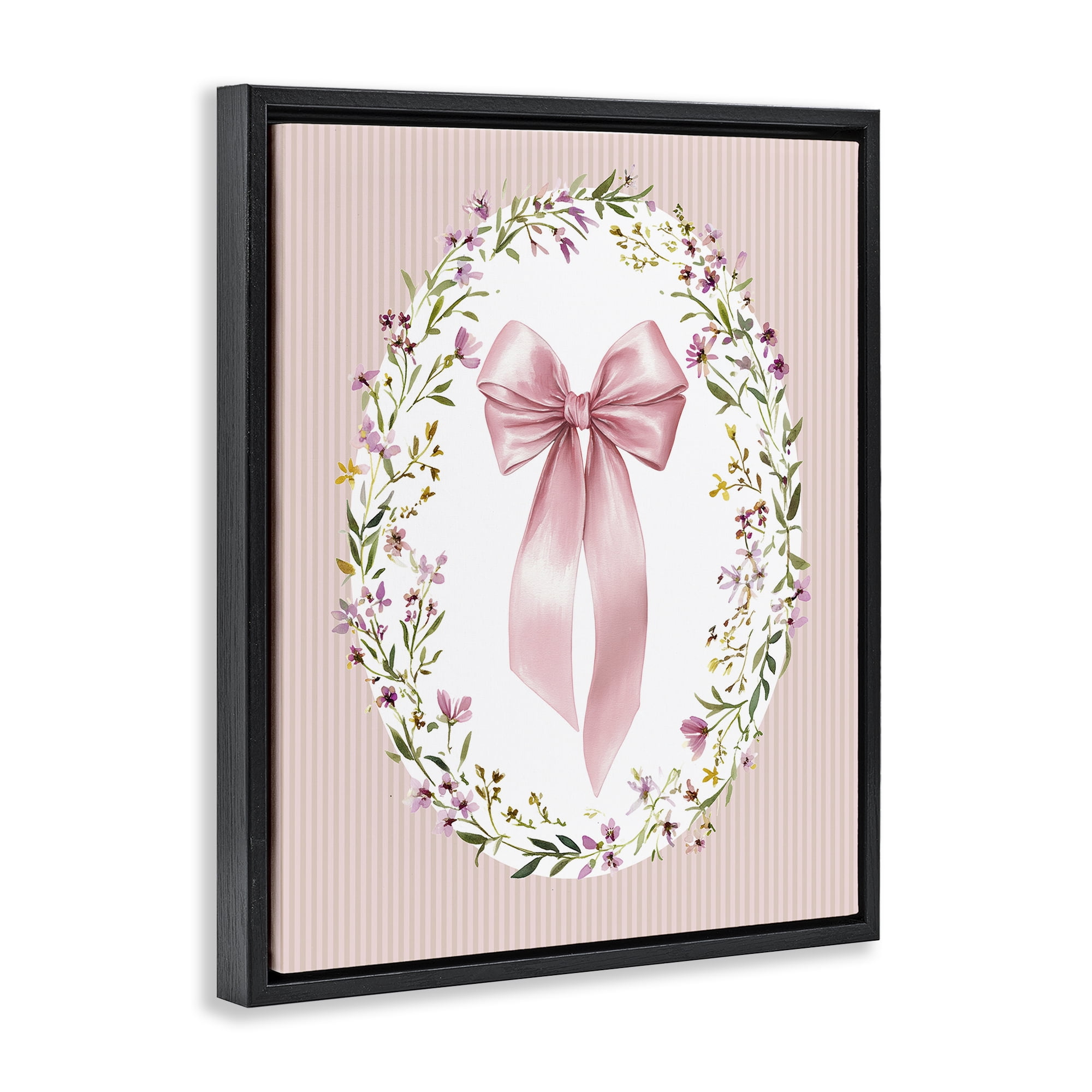 Stupell Industries Ribbon with Oval Florals Black Framed Floater Canvas Wall Art, design by Christine Simpson Art