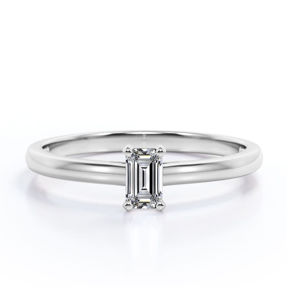 JeenMata 0.5 Carat Emerald Cut Moissanite - Prong Setting - Solitaire Promise Ring - 18K White Gold Plating Over Silver