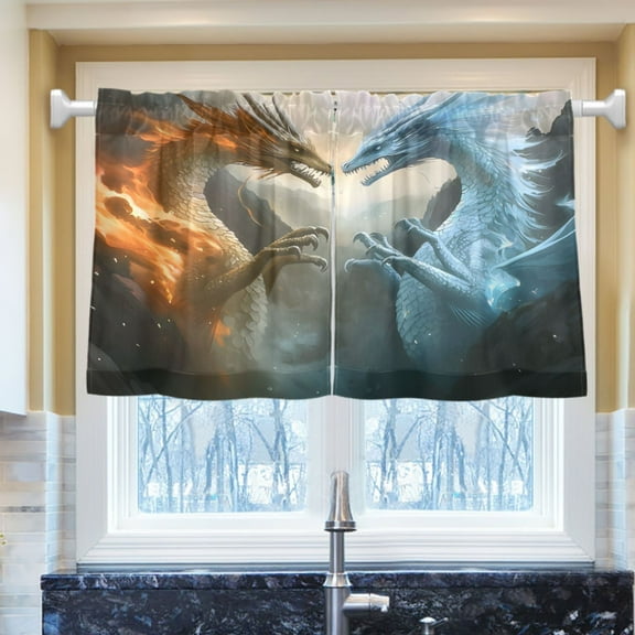 Ryvnso Dragons Half Curtains Sets Tier 2 Panels Short Curtain Rod Pocket 27"W x 24"L
