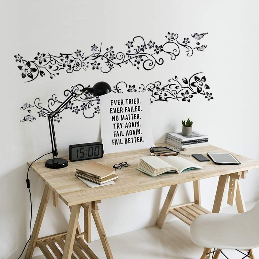 QTH 2 Sets of Butterfly Black Vine Flower Wall Stickers PVC Sticker for Children Bedroom Living Room Office Resto Boutique Decoration