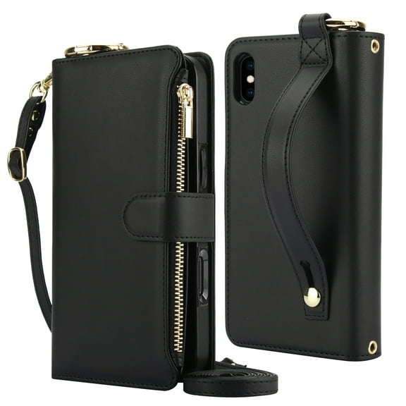 Decase Crossbody Wallet Case for iPhone XR RFID Blocking 6-Card Holder Soft PU Leather Adjustable Shoulder Strap Zipper Pocket Metal Buckle Wristband Phone Case for iPhone XR 6.1",Black