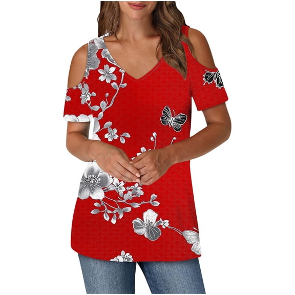 Zwiiyzr Womens T-Shirts Casual Cold Shoulder Printed Short Sleeve V-Neck Tunic Blouse(Red,2XL)