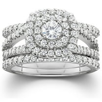 Pompeii 1 1/4ct Diamond Engagement Cushion Halo Wedding Ring Trio Set 10K White Gold
