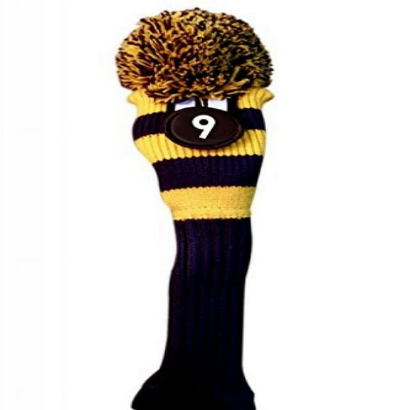 Majek #9 Hybrid Rescue Utility Blue & Yellow Golf Headcover Knit Pom Pom Retro Classic Vintage Head Cover