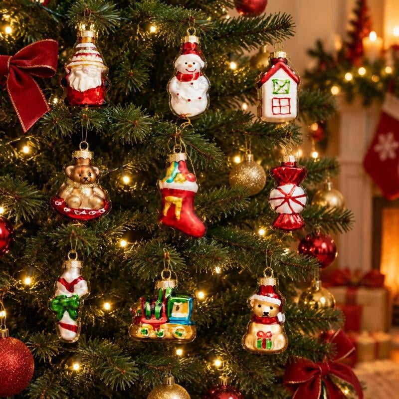 Figural Glass Christmas Ornament Set with Colorful Reflective Finish ...