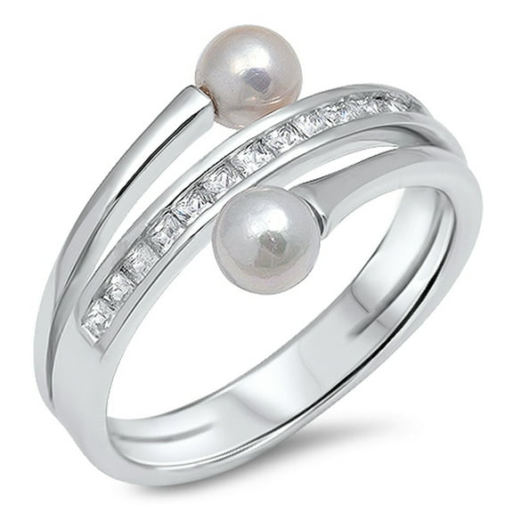 White Cubic Zirconia Simulated Pearl Ring .925 Sterling Silver Band Jewelry Female Male Size 10