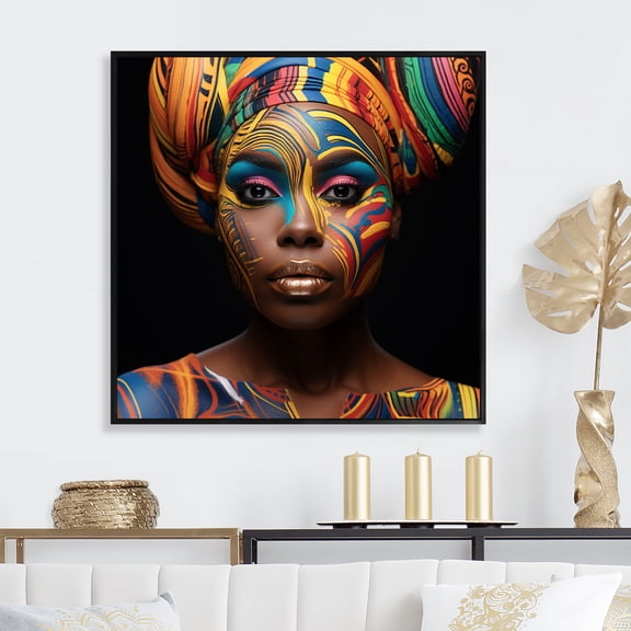 Designart "Portrait of Colorful Essence of African Woman II" Fashion Framed Wall Art - Glam Colorful Woman African Bedroom Framed Canvas Wall Art