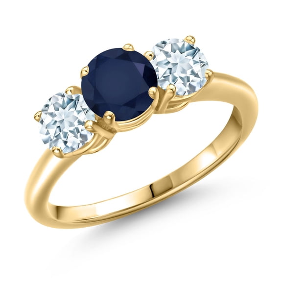 Gem Stone King 18K Yellow Gold Plated Silver Blue Sapphire and Sky Blue Aquamarine Engagement Ring for Women | 2.10 Cttw | Round 6MM | Gemstone September Birthstone | Size 6