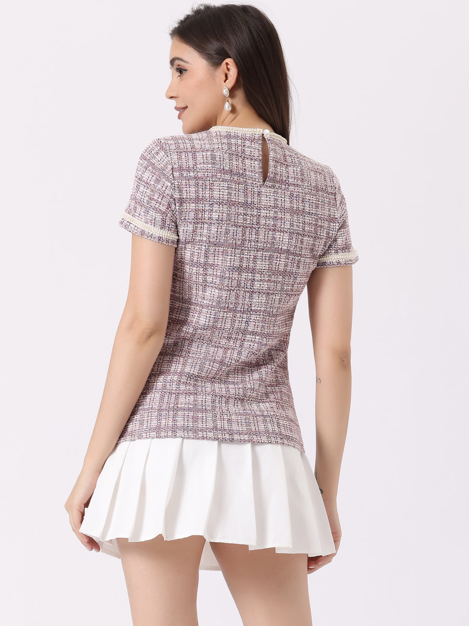 DARING DIVA Women's Round Neck Short Sleeve Tweed Top XS Pink White