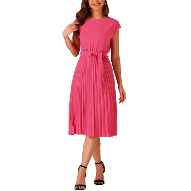 Vestido plisado de mujer Inspire Chic, cuello redondo, sin mangas, con cinturón en la cintura, vestido A-Line XL color rosa intenso