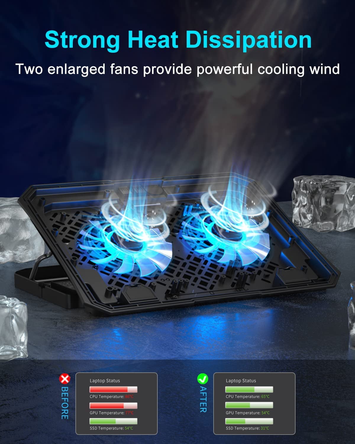 Laptop Cooling Pad, Gaming Cooler 2 Fans for 10-15.6 Inch Laptops, 5 Height Stands, USB Ports (S039)