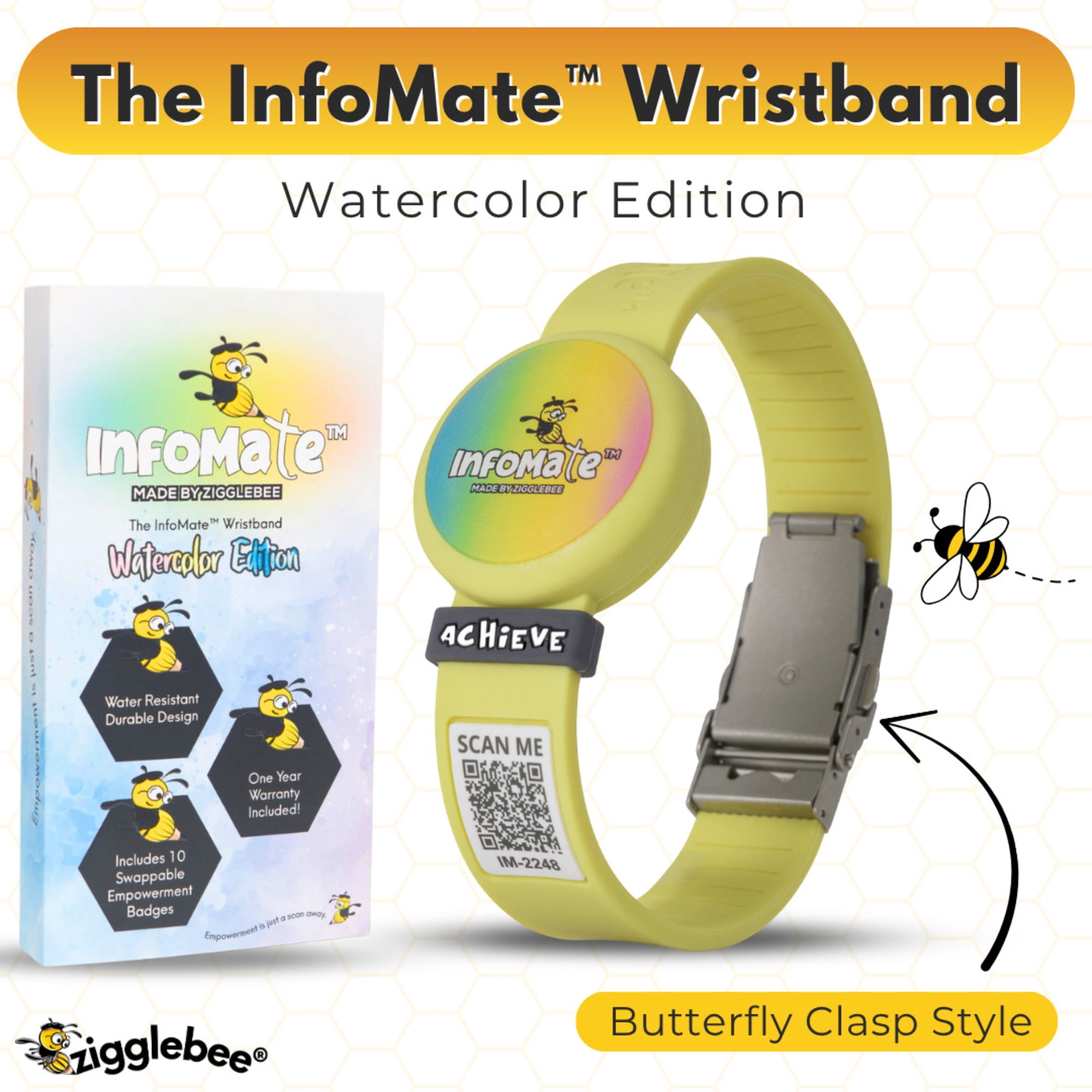 InfoMate by Zigglebee QR Code Medical Bracelet and AirTag Holder Wristband, Canary Yellow, Butterfly Clasp